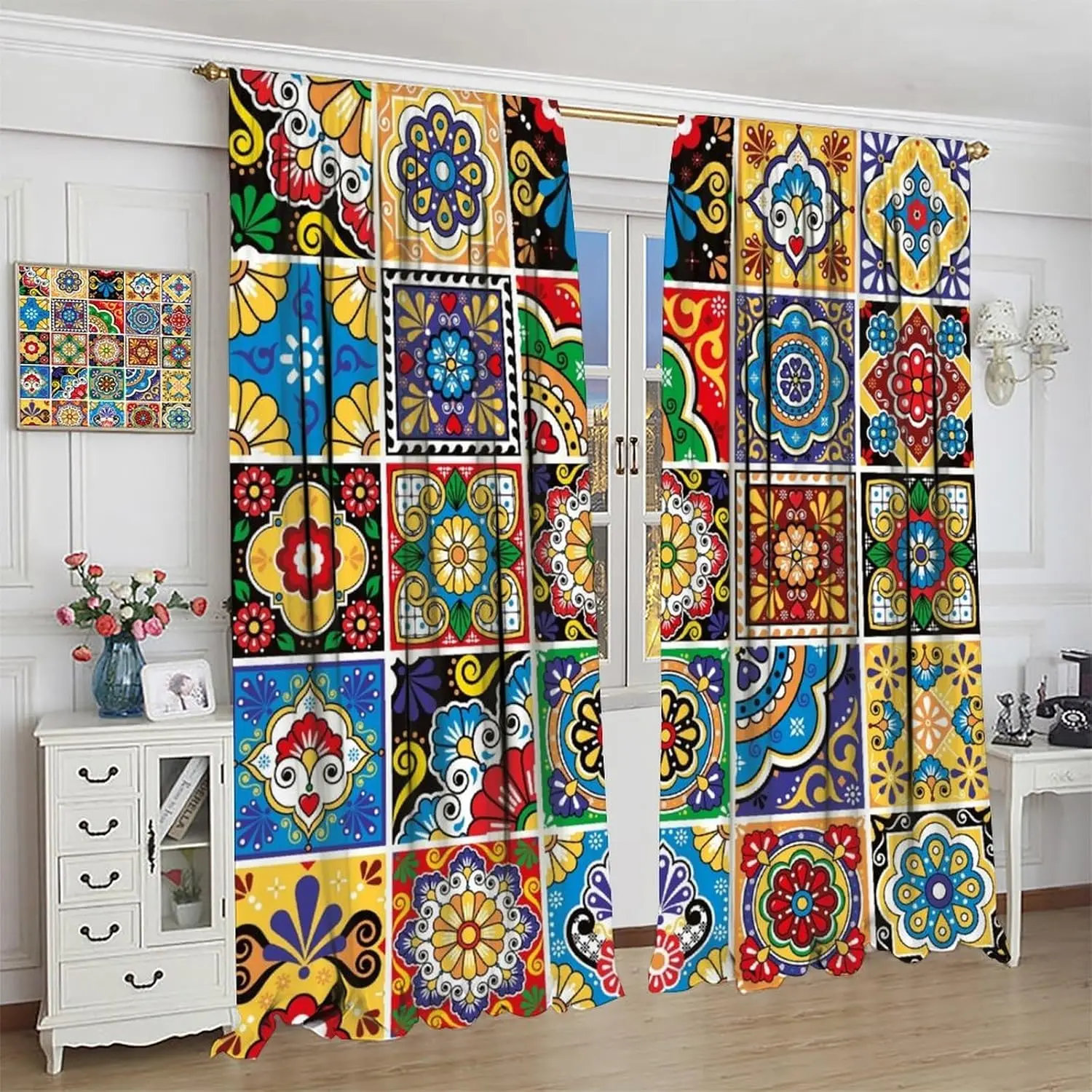 Mexican Curtains Retro Mexican Tiles Colorful Flowers Talavera Style Pattern Blackout Print Rod Pocket Window Drapes for Bedroom
