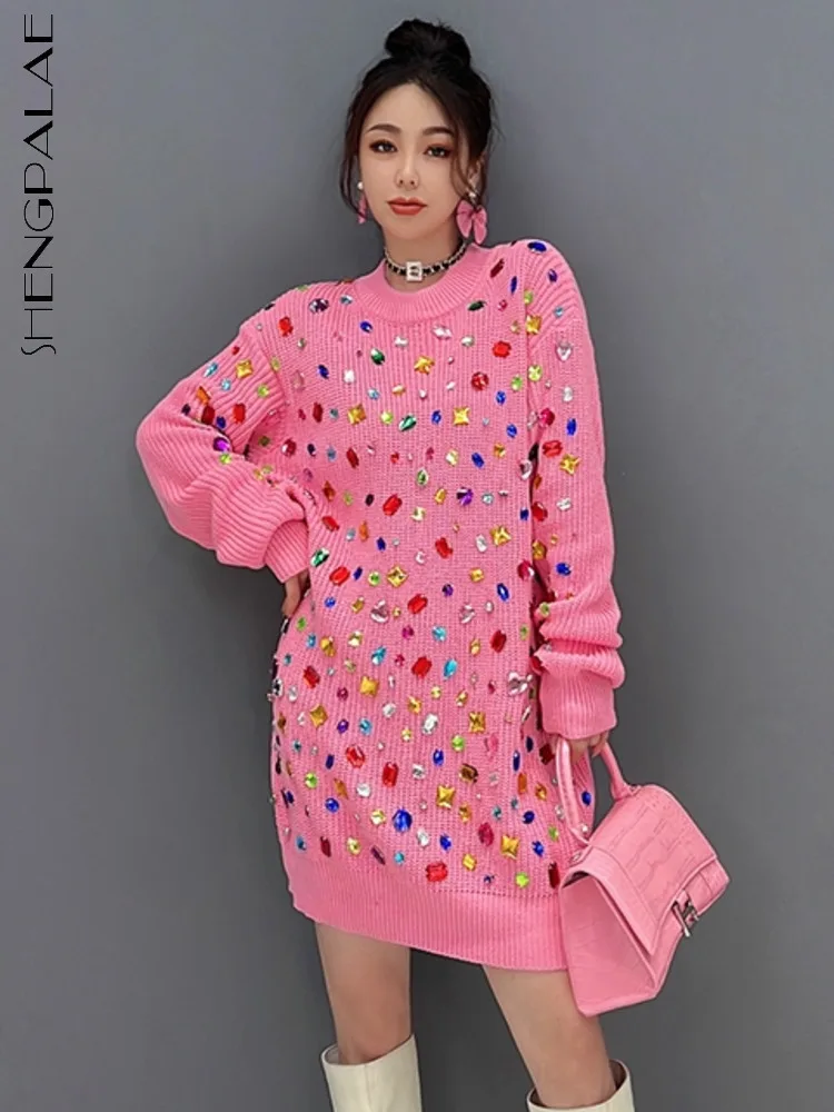 

SHENGPALAE O-Neck Long Sleeve Sweater With Diamonds 2024 Autumn New Female Fashion Trendy Causal Women Knitting Clothes 5W986