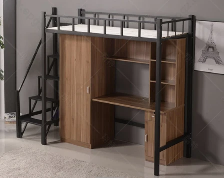 

Youth Hostel Loft Bed With Wooden Study Table College Dormitory Metal Bunk Bed With Ladder And Wardrobe For Sales