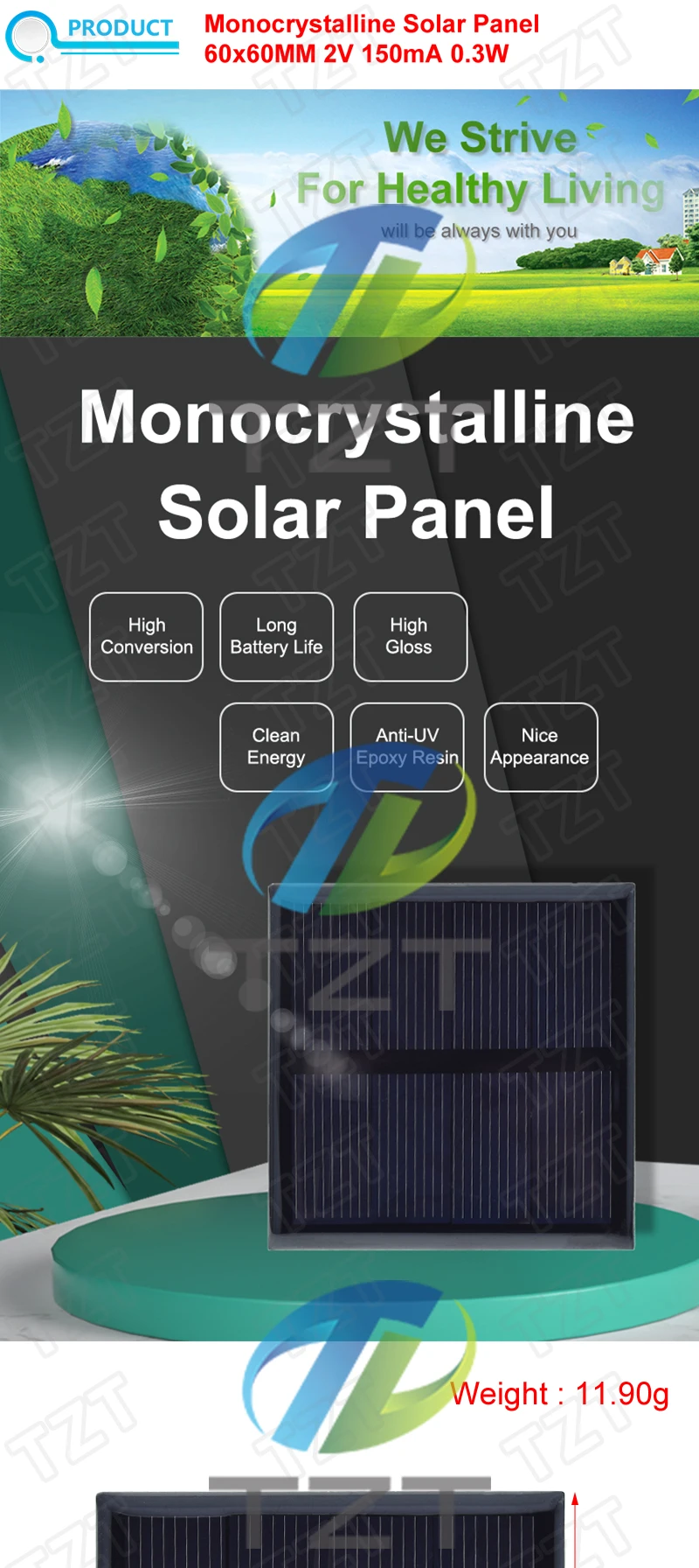 TZT 1/3/5PCS Solarzelle 2V 150mA 0,3W 60*60MM Solarsystem DIY für Batterie-Handy-Ladung, polykristallines Solarpanel – Detail 1