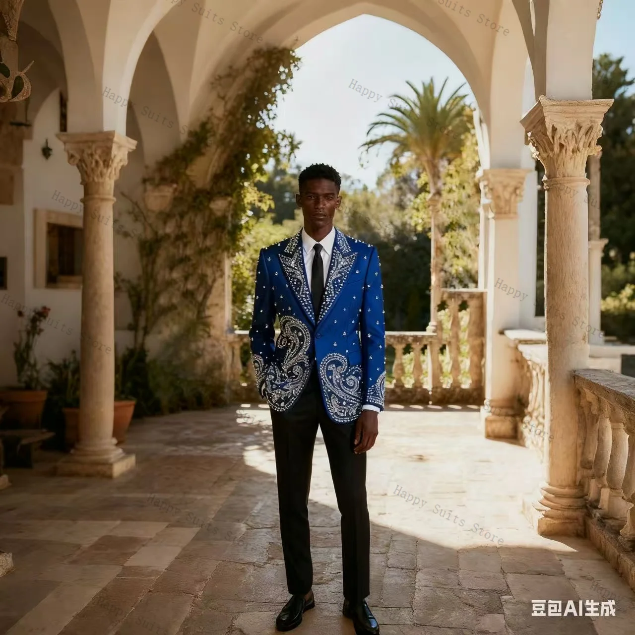 

Blue Men Suit Set 2 Pcs Blazer+Pants Trousers Formal Office Coat Luxury Crystals Beaded Wedding Tuxedo Customized Jacket