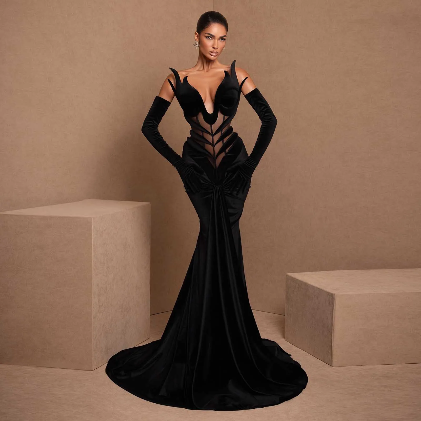 Elegância preto veludo sereia vestidos de noite com luvas decote em v espartilho único formal ocasião vestido novo design longo vestido de baile