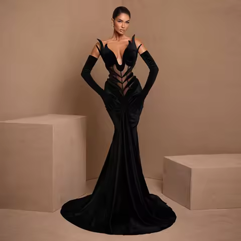 Elegance Black Velvet Mermaid Evening Dresses with Gloves V Neck Corset Unique Formal Occasion Dress New Design Long Prom Dress
