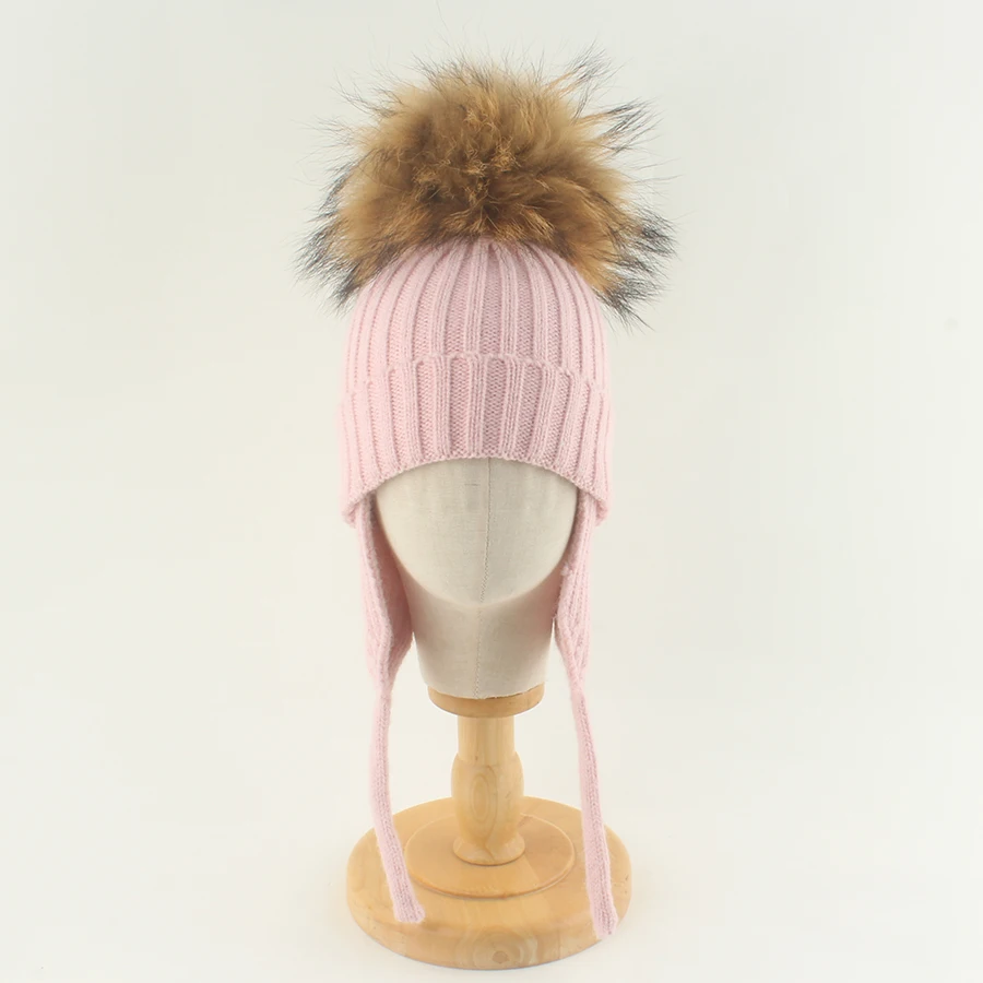 2023 Winter Crochet Baby Hat Real Fur Pompom Infant Toddler Earflap Cap Bonnet Soft Warm Beanie Solid Color Kids Knitted Hat