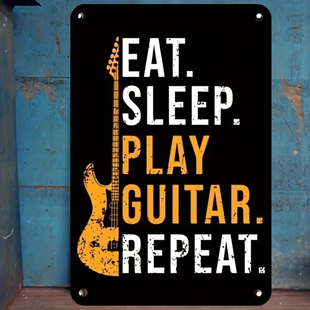 

Guitar Junkie's Mantra" Rustic Metal Wall Art – 8x12 Inch Distressed Iron Sign with Acoustic Guitar Distressing & Stage Light