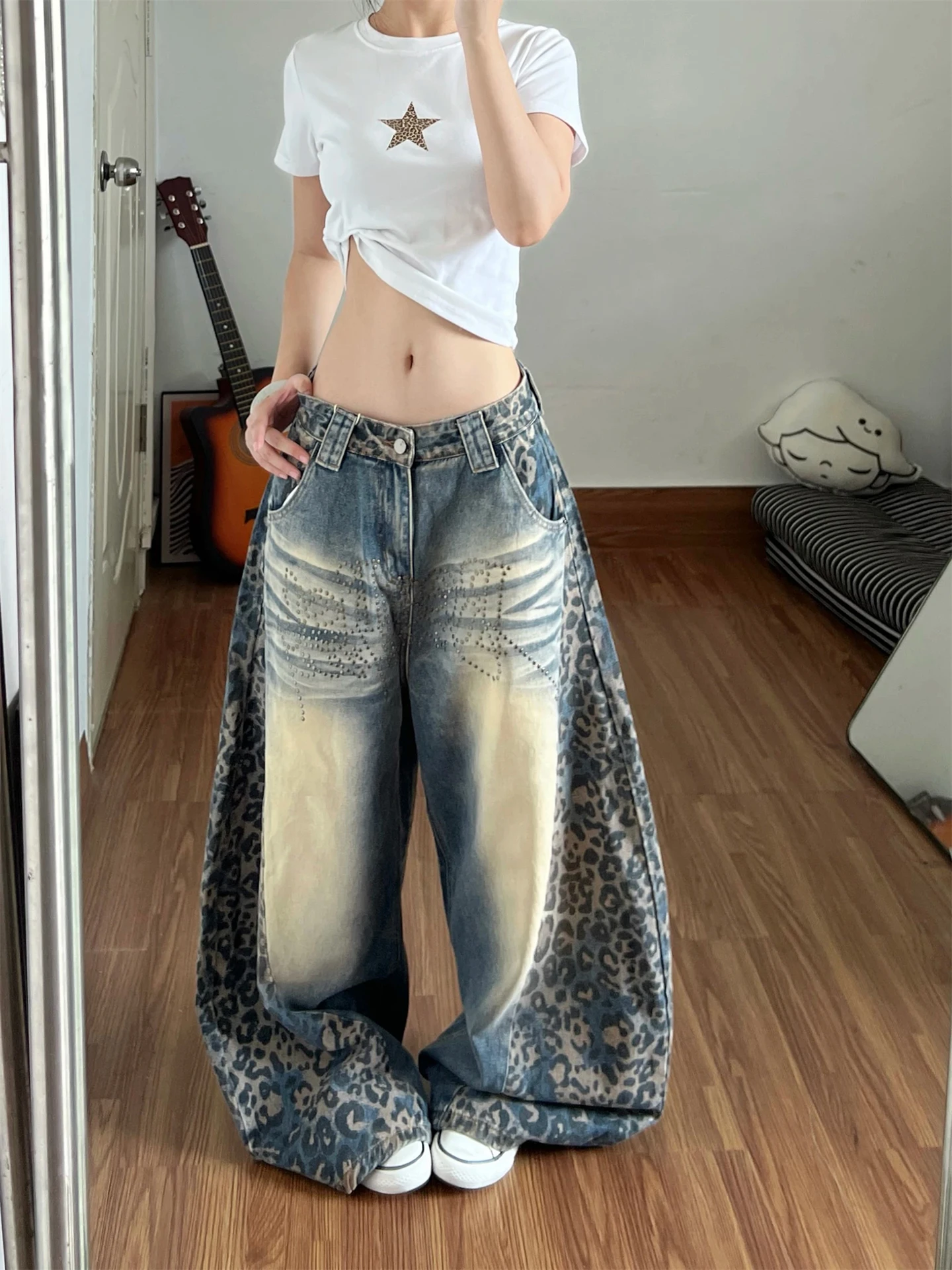 Retro American Leopard Print Patchwork Men's Jeans Autumn New Style Slimming Wide Leg Floor-Length Casual Straight Cut Trousers