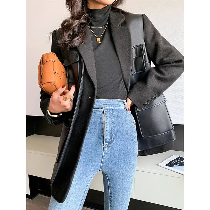 Leather Suit Jacket Women\'s 2024 Spring Autumn New Motorcycle Blazer Outwear Fashion Locomotive Pocket Leather Jacket Female