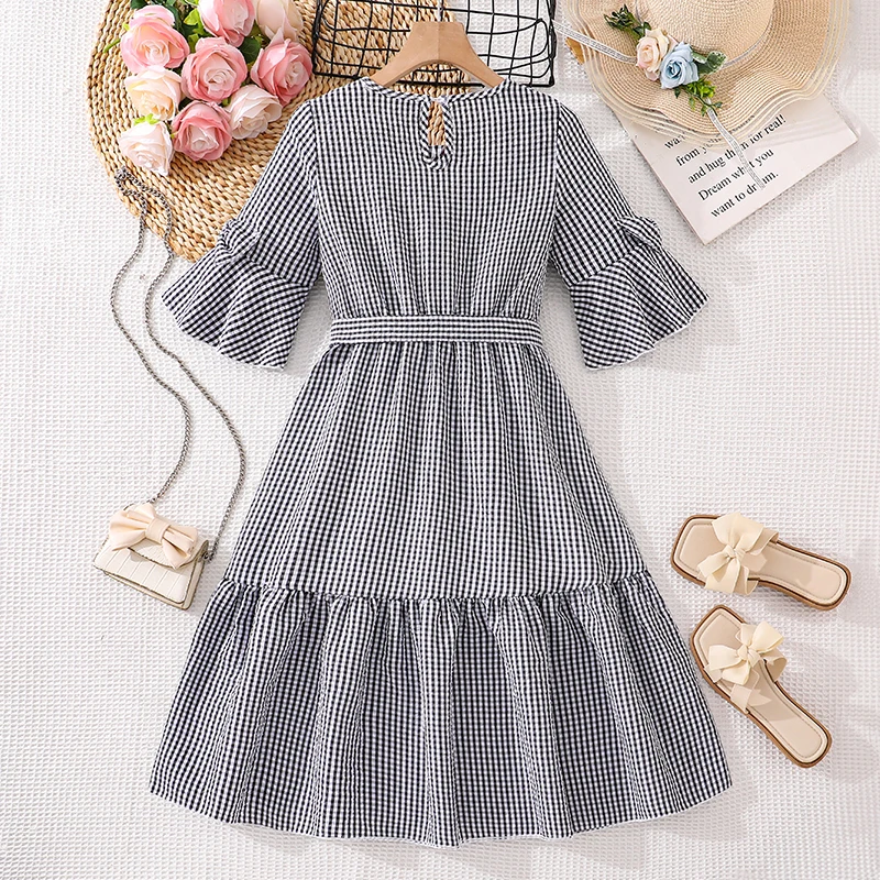 Girls 8-12 Summer Dress, Black-White Gingham Midi Dress with Flared Half-Sleeve and Tie Waist, Soft Comfy for Daily School Wear