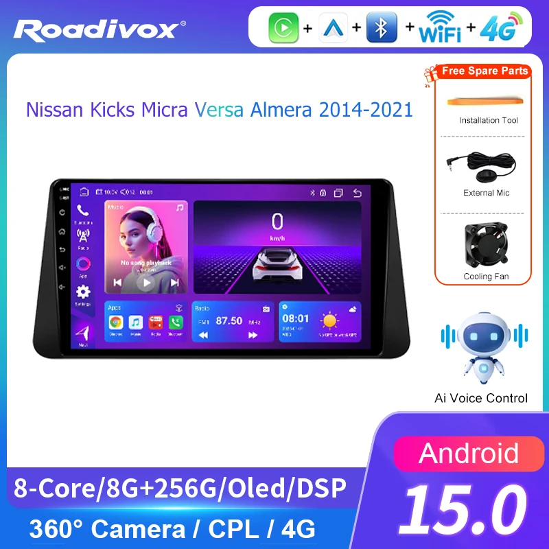 AI VOICE roadivox Android car radio for Nissan Kicks Micra Versa Almera 2014-2021stereo GPS Navigation video Multimedia