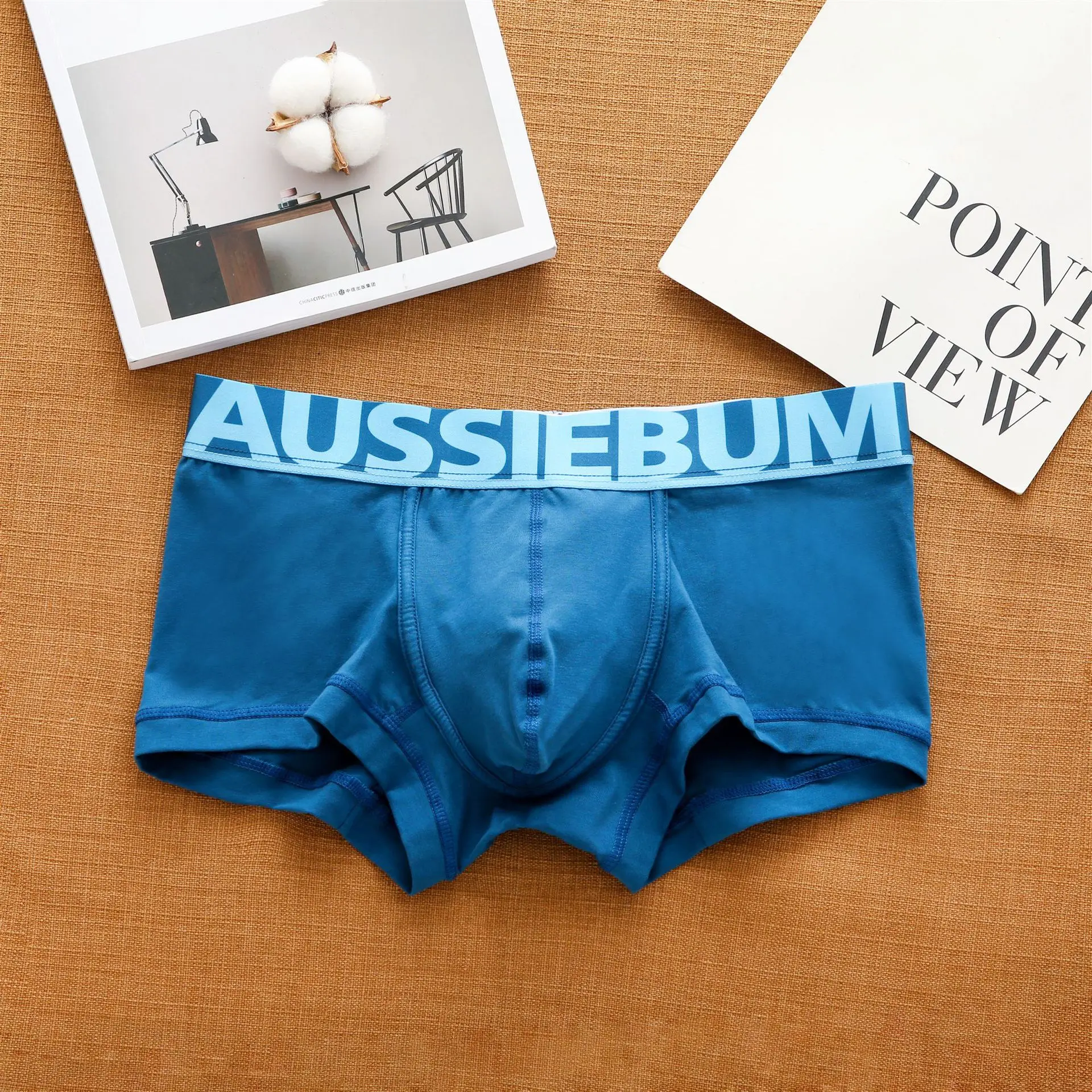 Aussiegum men\'s pure cotton underwear with low waisted letters for fashionable and comfortable sweat-absorbing boxer shorts