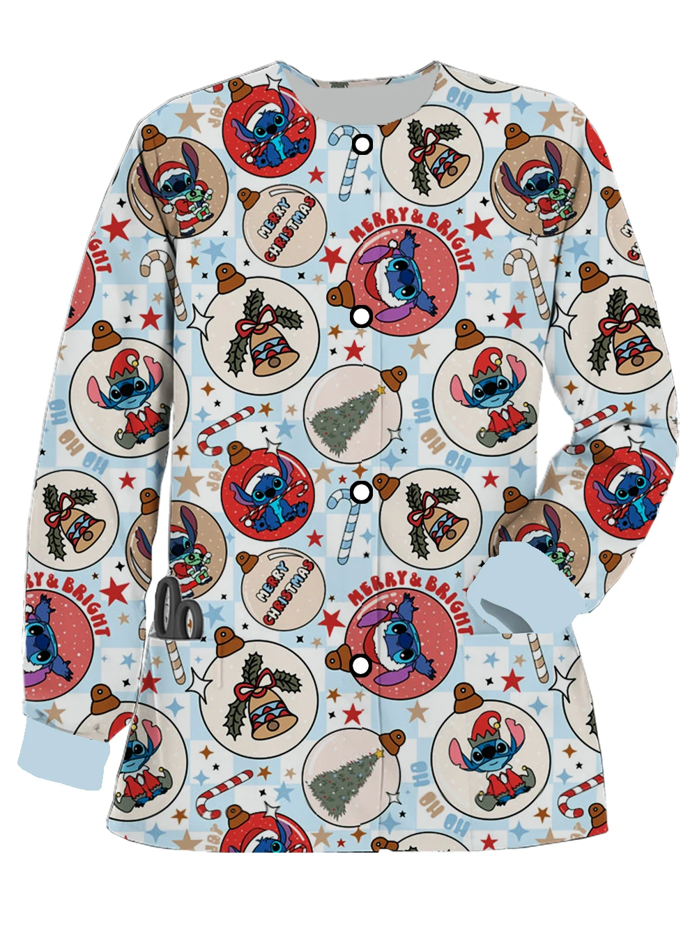 Disney Series Christmas Stitch Print Spring and Autumn Women's Tops Pocket Cardigan Doctors and Nurse Work Clothes