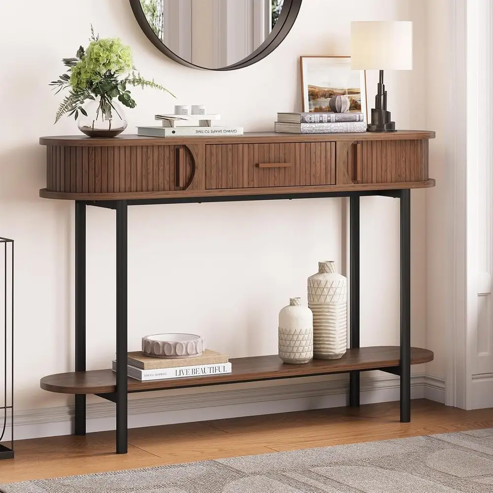 

47 Luted Oak Entryway Table with Storage, Oval Sofa Tables for Small Spaces, Walnut-Finish Century Hallway Furniture