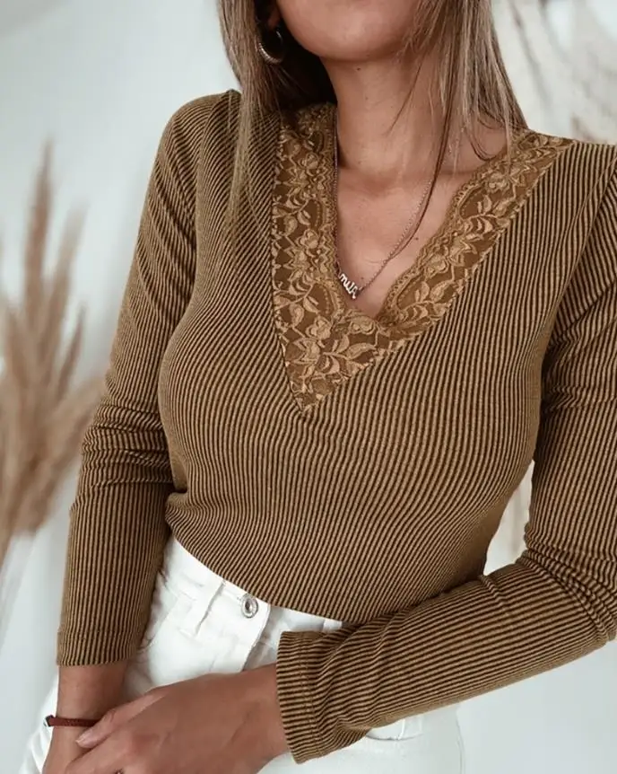 

Woman Blouse 2025 Spring Autumn New Fashion Contrast Lace V Neck Long Sleeve Ribbed Shirt Casual Slim Fit Daily Top