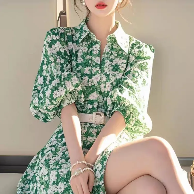 Nuova primavera verde abito floreale estate donna moda risvolto manica lunga a-line camicia casual abiti divisi mini abiti con cintura