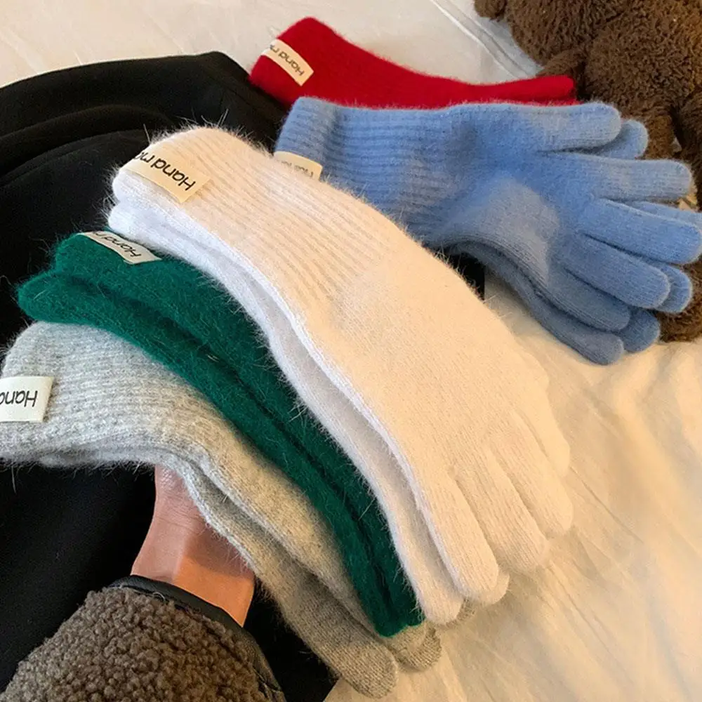 Knitted Gloves Stretchy Warm Gloves Solid Color Fingered Gloves Unisex Thermal Mittens Korean Labeled Thickened Striped Glove