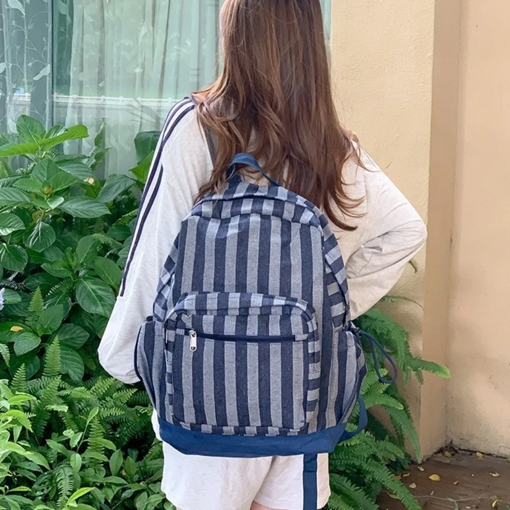 Korean Style Grey Stripes Backpack Lightweight Multi-pocket Star Printing Backpack Adjustable Straps Commuting
