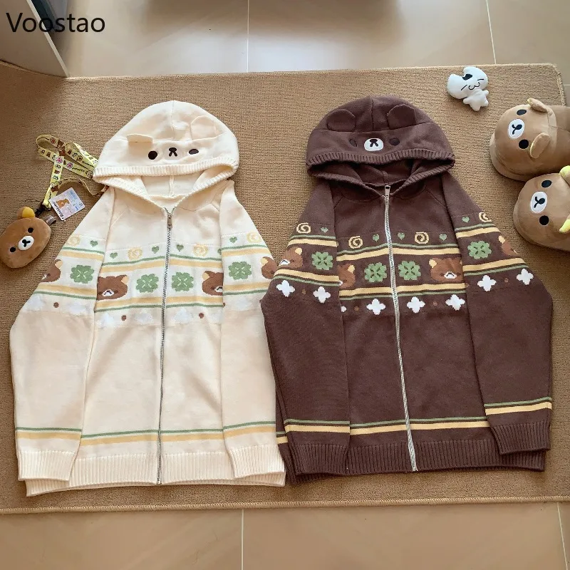 

Japanese Kawaii Lolita Style Hooded Sweater Women Harajuku Cartoon Bear Jacquard Knitted Cardigan Sweet Loose Zip Knitwear Tops