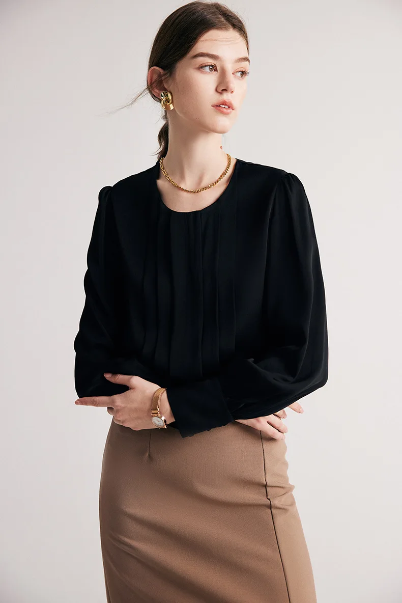 90% Silk 10% Spandex Women's Shirt O Neck Line Sleeves Pleated Elegant Fashion Blouse Tops
