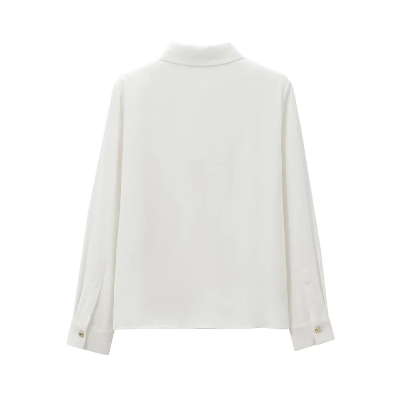 2025 Autunno nuova moda femminile, elegante e semplice, camicia a maniche lunghe con tasca e spalline dettagli in tessuto crepe.