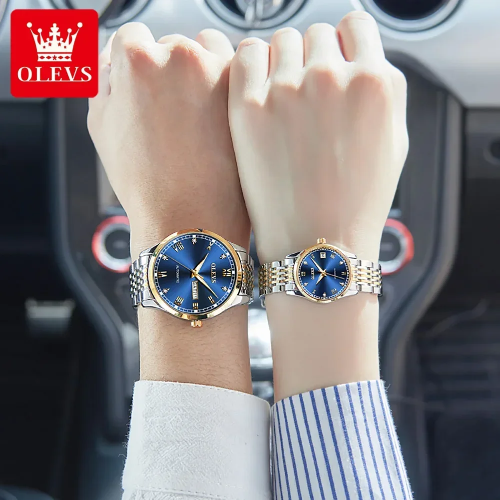 OLEVS-reloj mecánico automático para hombre y mujer, pulsera de lujo de acero inoxidable, resistente al agua, luminoso, con fecha y semana