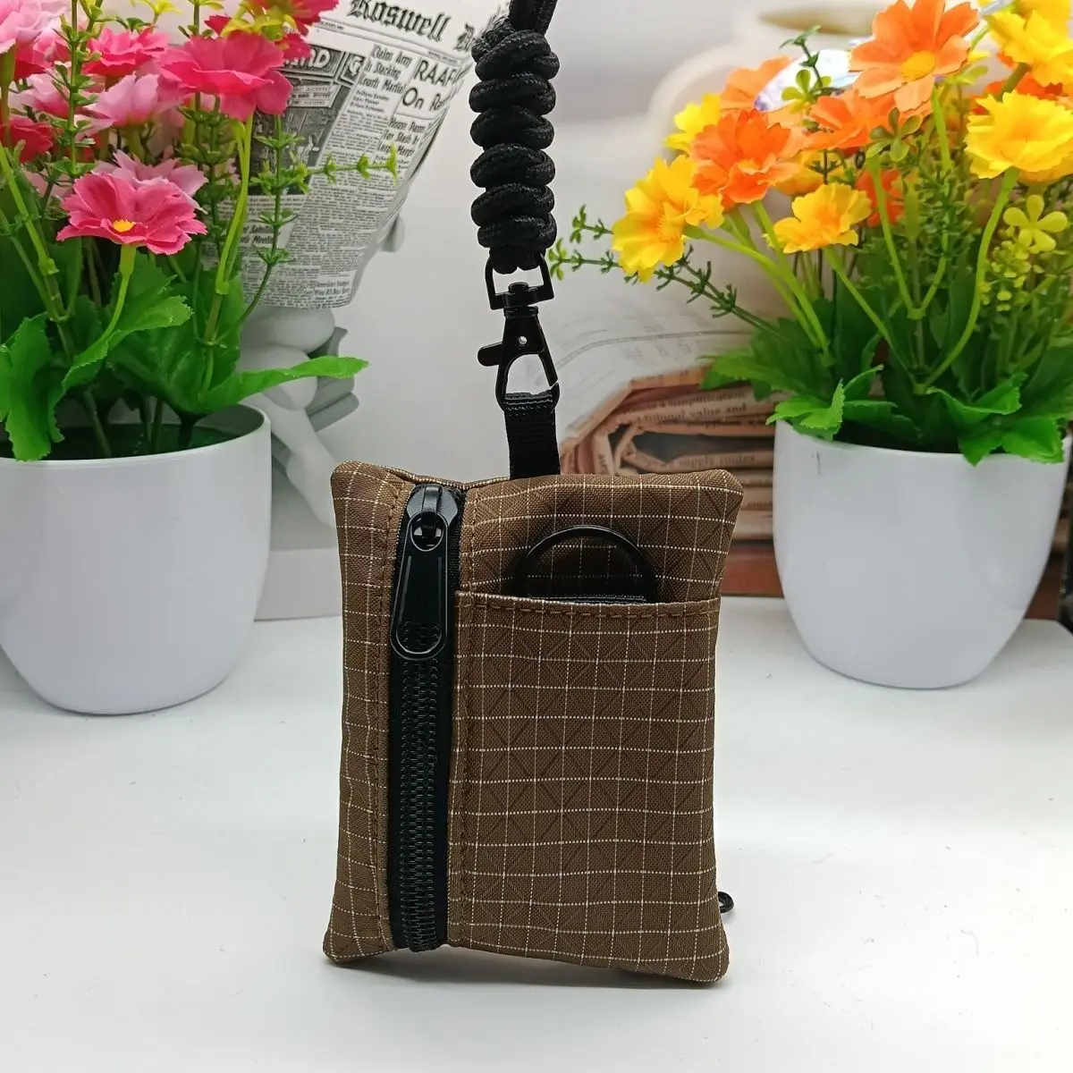 Mini Plaid Wallet With Carabiner Portable Coin Purse Card Holder Small Storage Bag Men Women Outdoor Travel Hiking Bag