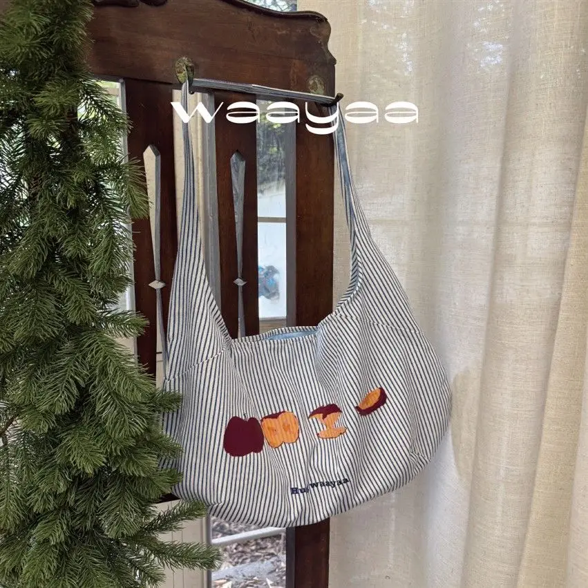 Canvas Bag Girls Japan Style Striped Apple Pattern Spring Summer High-Capacity Shoulder Bag Bandbag Office Lady Women Bags