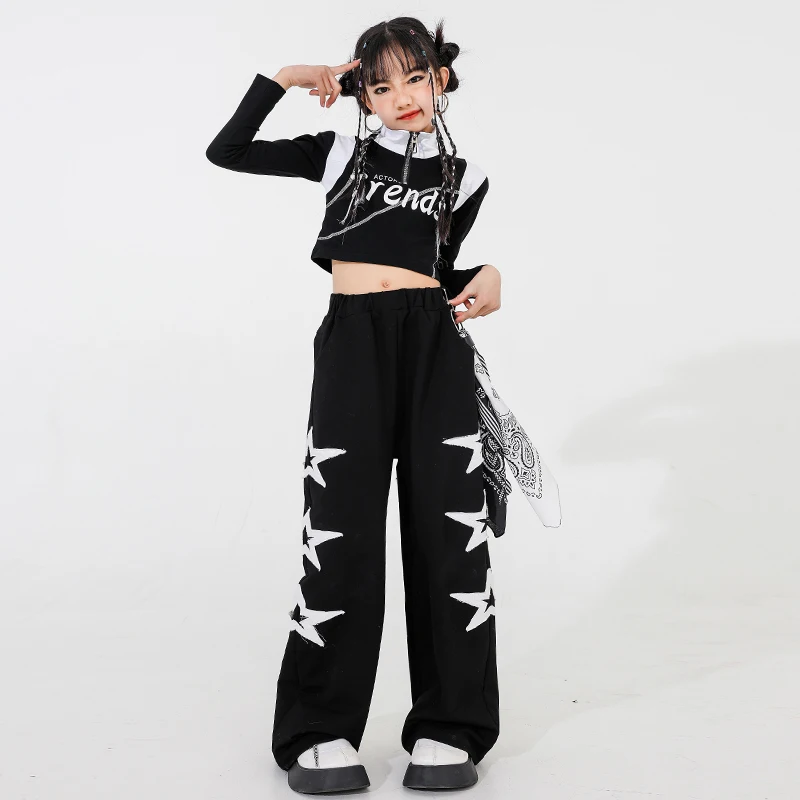 New Hip hop Clothes Girls Sets Suit Bare Waist Navel Long Sleeve T-shirt Cross Strap Black White Big Children's Clothing Hip-hop