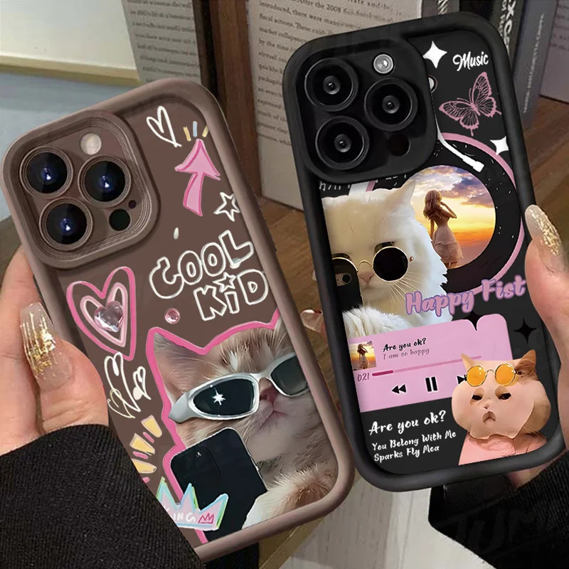 Music Sunglasses Cat Phone Case for Xiaomi Redmi Note 13 12 11 Pro Plus 12S 11S 10S 10 9 9S 8 12C 13C Shockproof Silicone Cover