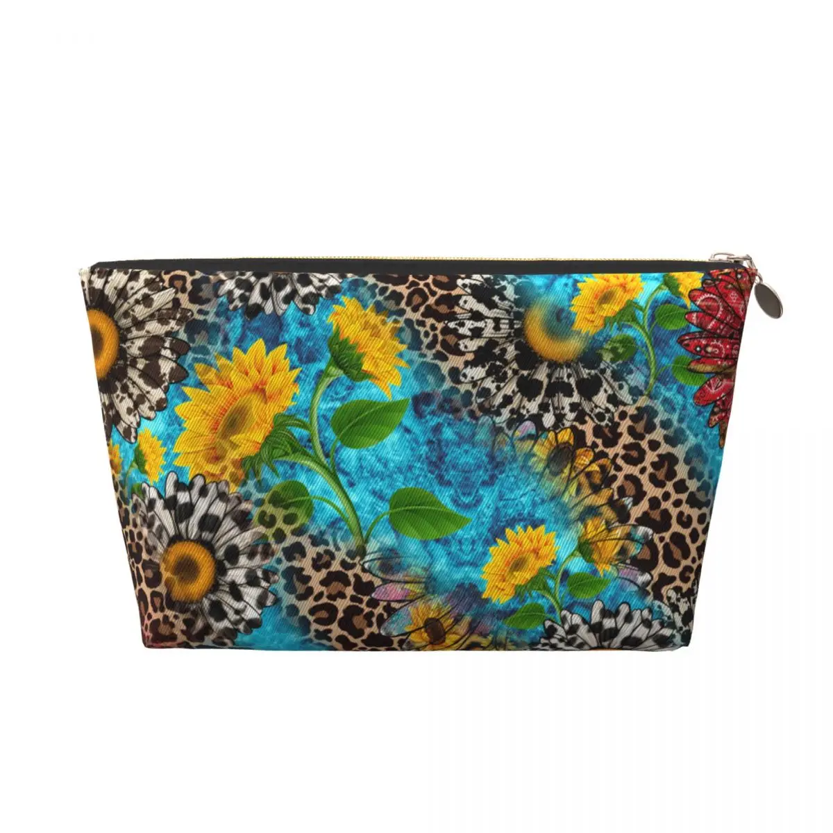 Custom Cheetah Peonies And Sunflowers Cosmetic Bag Women Cute Big Capacity Makeup Case Beauty Storage Toiletry Bags