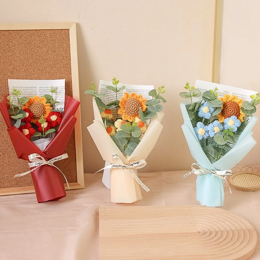 Ramo de flores artificiales de ganchillo, ramo de graduación de flores eternas hecho a mano, regalo de cumpleaños para el día de la madre