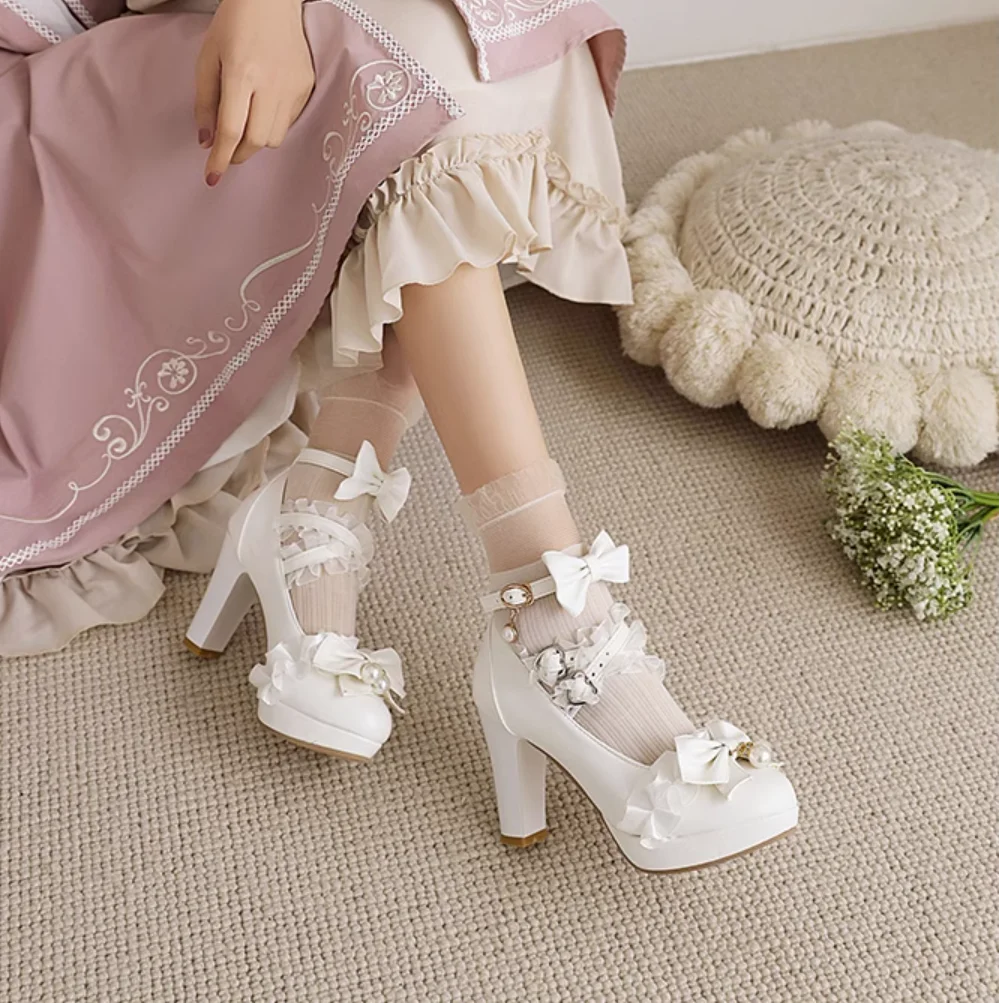 لوليتا طالب الفتاة أحذية ماري جين فراشة نعل سميك ارتفاع ارتفاع زيادة الخشب الحبوب الكعوب حذاء بكعب سميك مضخات