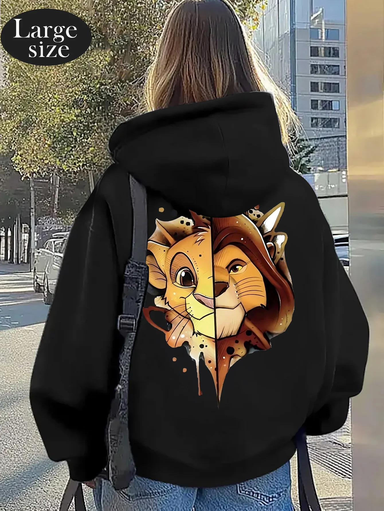 سويت شيرت نسائي بغطاء للرأس من Lion King Simba & Mufasa - بلوفر كاجوال كبير الحجم مع تصميم وجه Simba & Mane، قابل للغسل في الغسالة