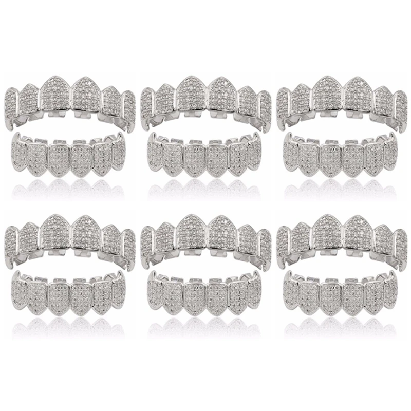 6X Silver Plated Top & Bottom Grillz Mouth Teeth Grills High Quality, Silver