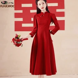 New Year Christmas Chic Elegant Annual Meeting Red Dress Women Square Neck French Design Bow Tie Long Velvet Dresses Vestidos