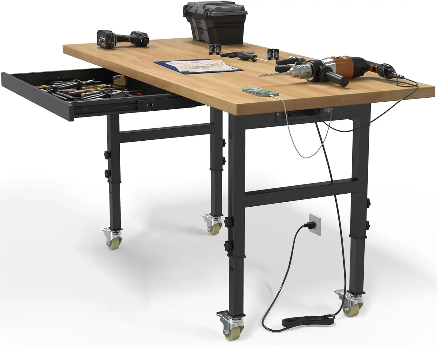 Adjustable Workbench, Rubber Wood Work Bench Table with Wheels and Power Outlet, Rolling Workbench with Drawers