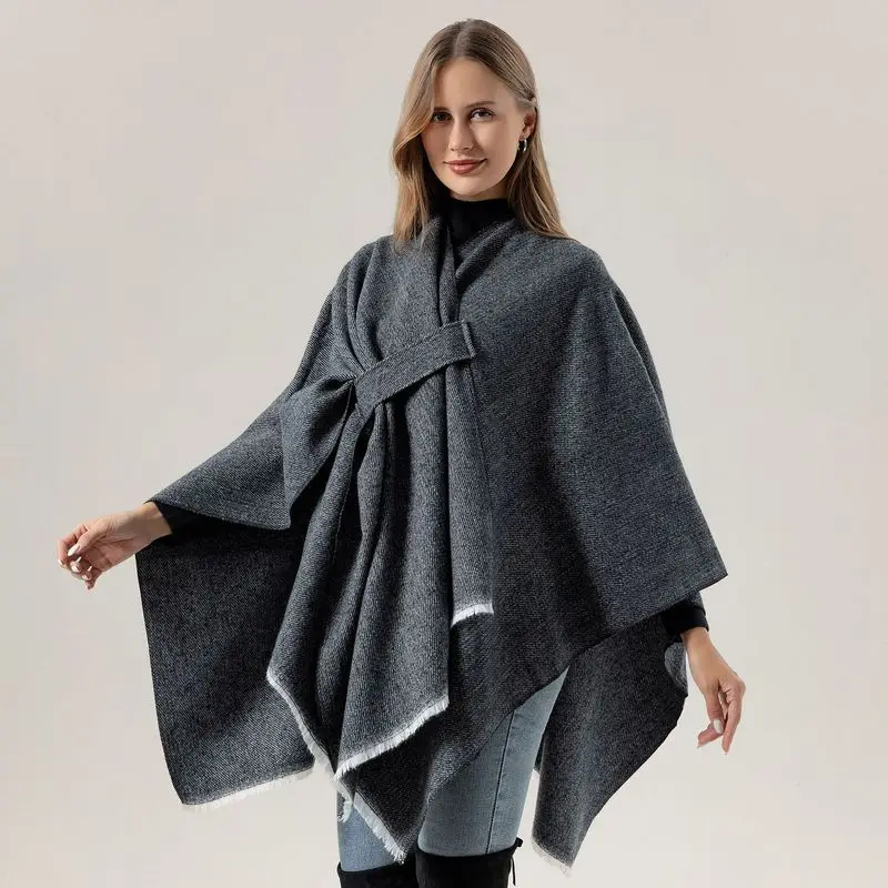 New style knitted cape with a single-color, diagonally tied strap