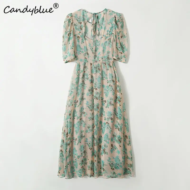 Green Print O-Neck Half Bubble Sleeve Women's Dress A-Line Flowers Chic Elegant Loose Mid-Calf Party Dresses For Women 2023