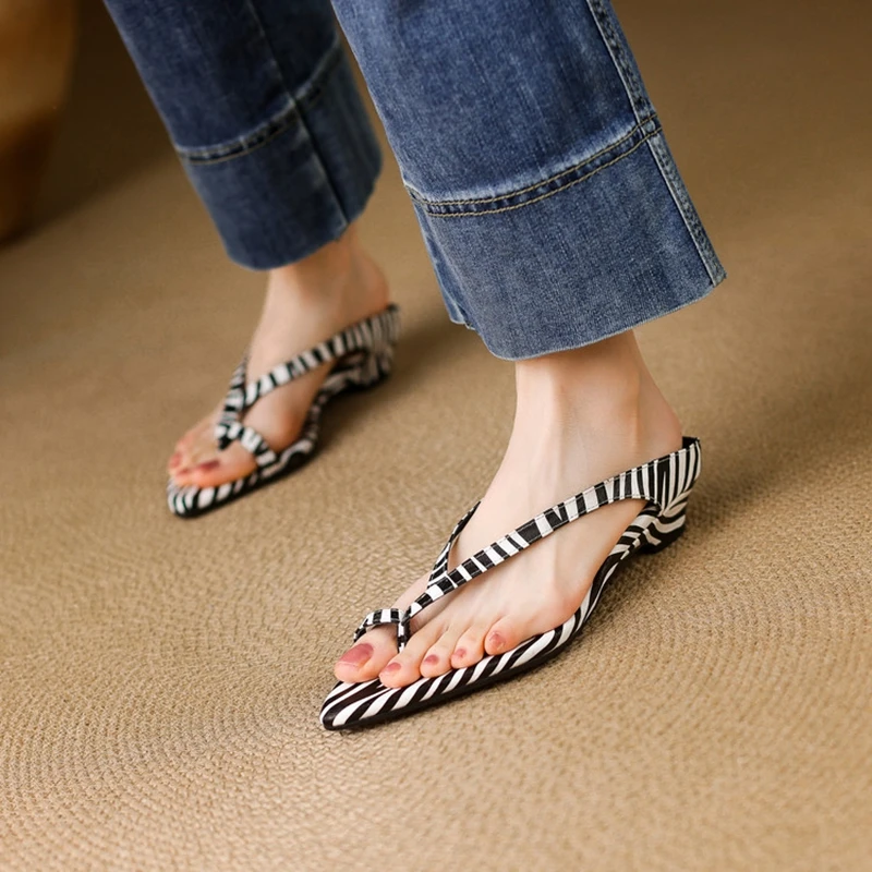 

NEW Summer Women Slippers Split Leather Shoes Women Pointed Toe Chunky Heel Shoes Low Heel Sandals Zebra Stripe Modern Slippers