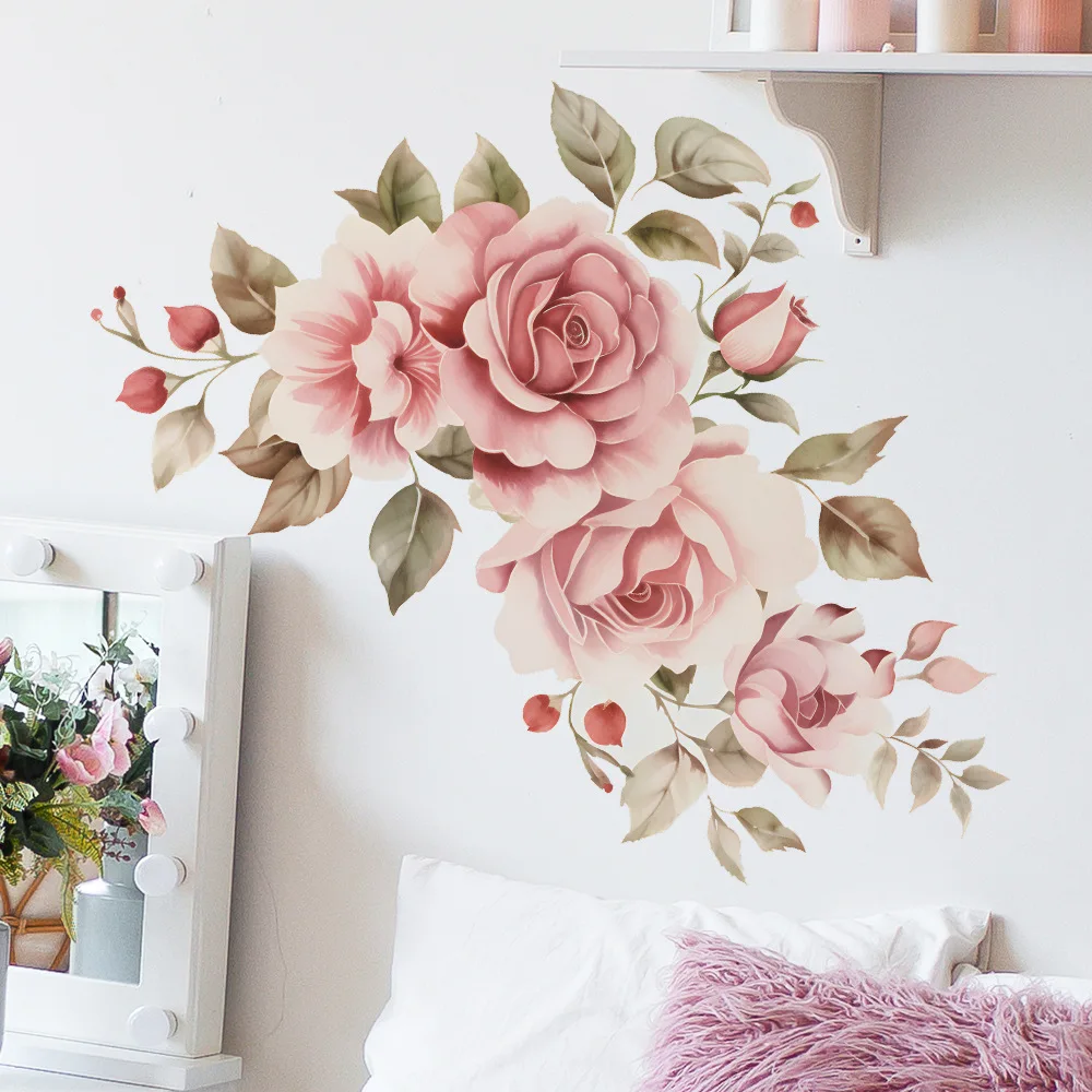 Simple fashion new watercolor pink romantic rose flower leaves bedroom headboard wall decoration wall sticker