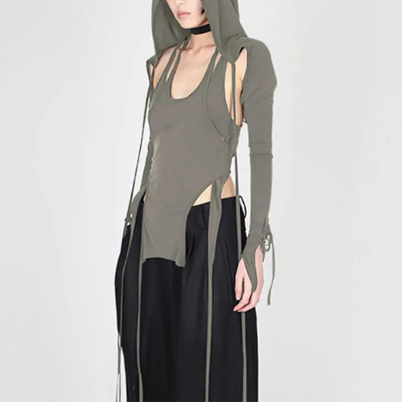 

2025 New! Cold Cool Hot Girl Style - Long Sleeve Hoodie Strap Crop Tee｜Women's Fitted Edgy Design.