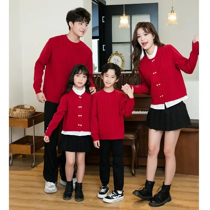 Knitted Cardigan New Year Family Matching Red Knit Clothes Christmas Mother and Daughter Father and Son Children Sweater Jumper