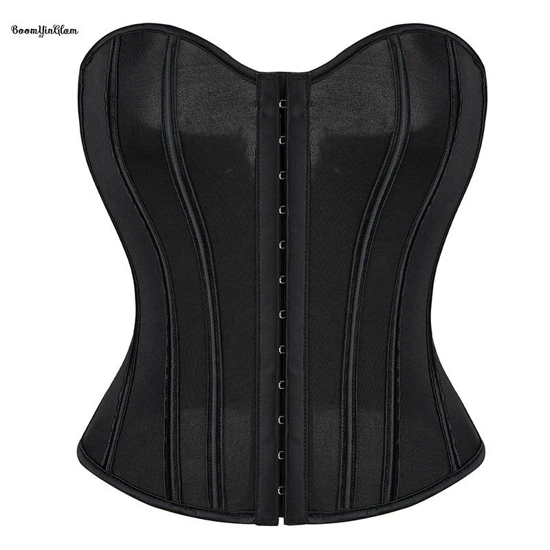 14 Glue Bones Women See Through Waist Trainer Bustier Strapless Mesh Hem Corset Crop Top With Front Hook Adjustable