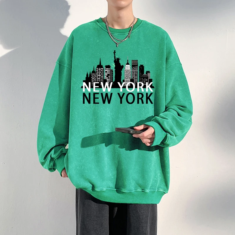 Sweat-shirt en coton lavé à manches longues et col rond pour hommes, impression de paysage de la ville de New York, vêtements de sport doux Hip Hop, DistMurcia, chaud, automne