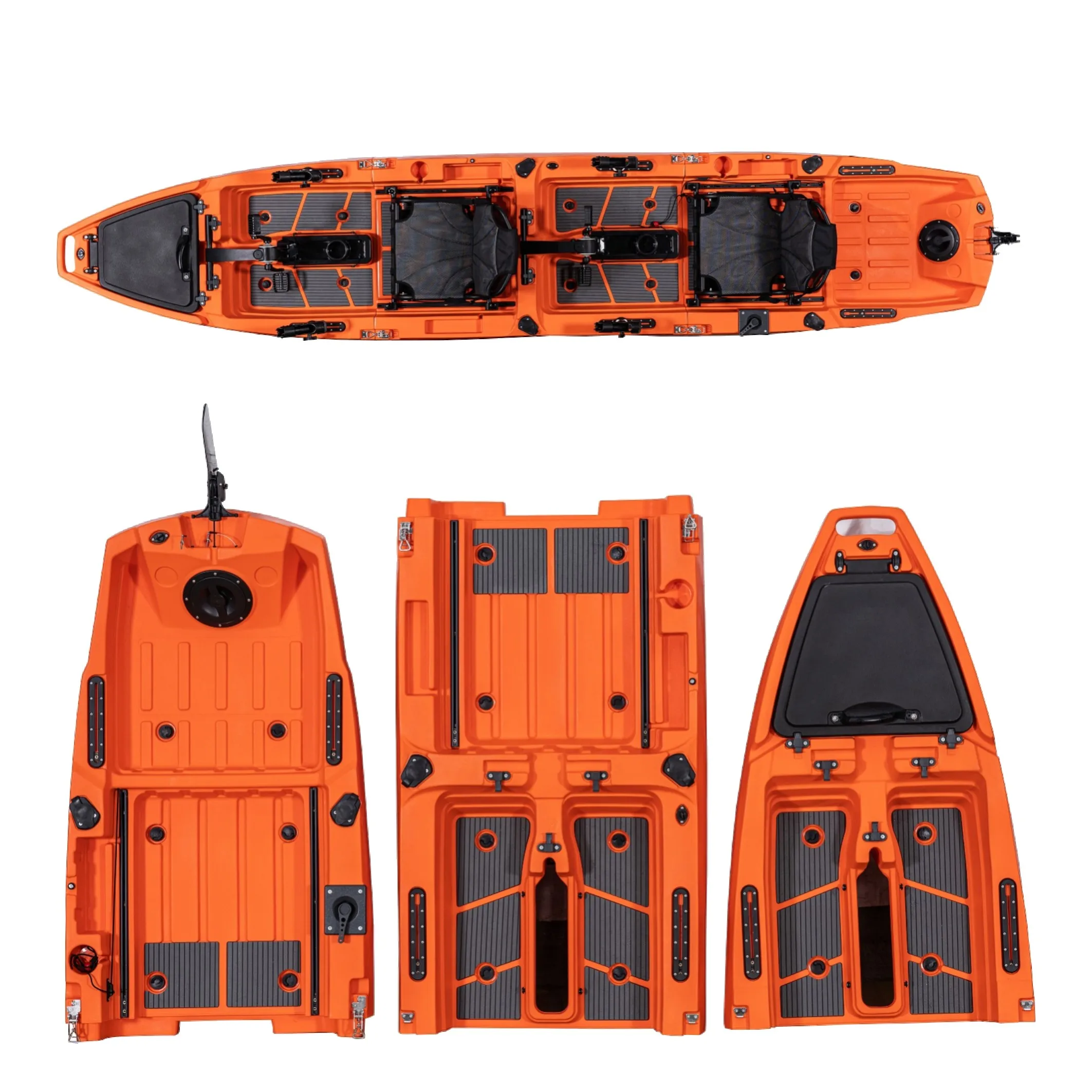 Modular Tandem Kayak, Double Pedal Sit-on-Top, Hard Plastic HDPE Sectional Hull, with 2 Padded Seats, for Lake River Sea Fishing