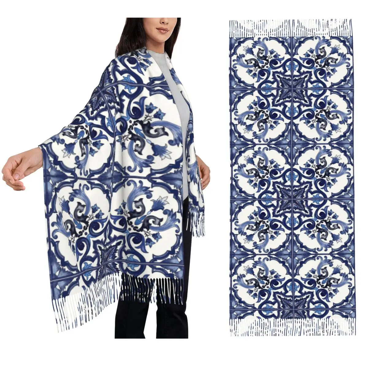 

Blue Ornate Floral Mediterranean Sicilian Tile Scarf Tassel Scarves Women Shawls and Wraps Large Fall Winter Shawl Wrap