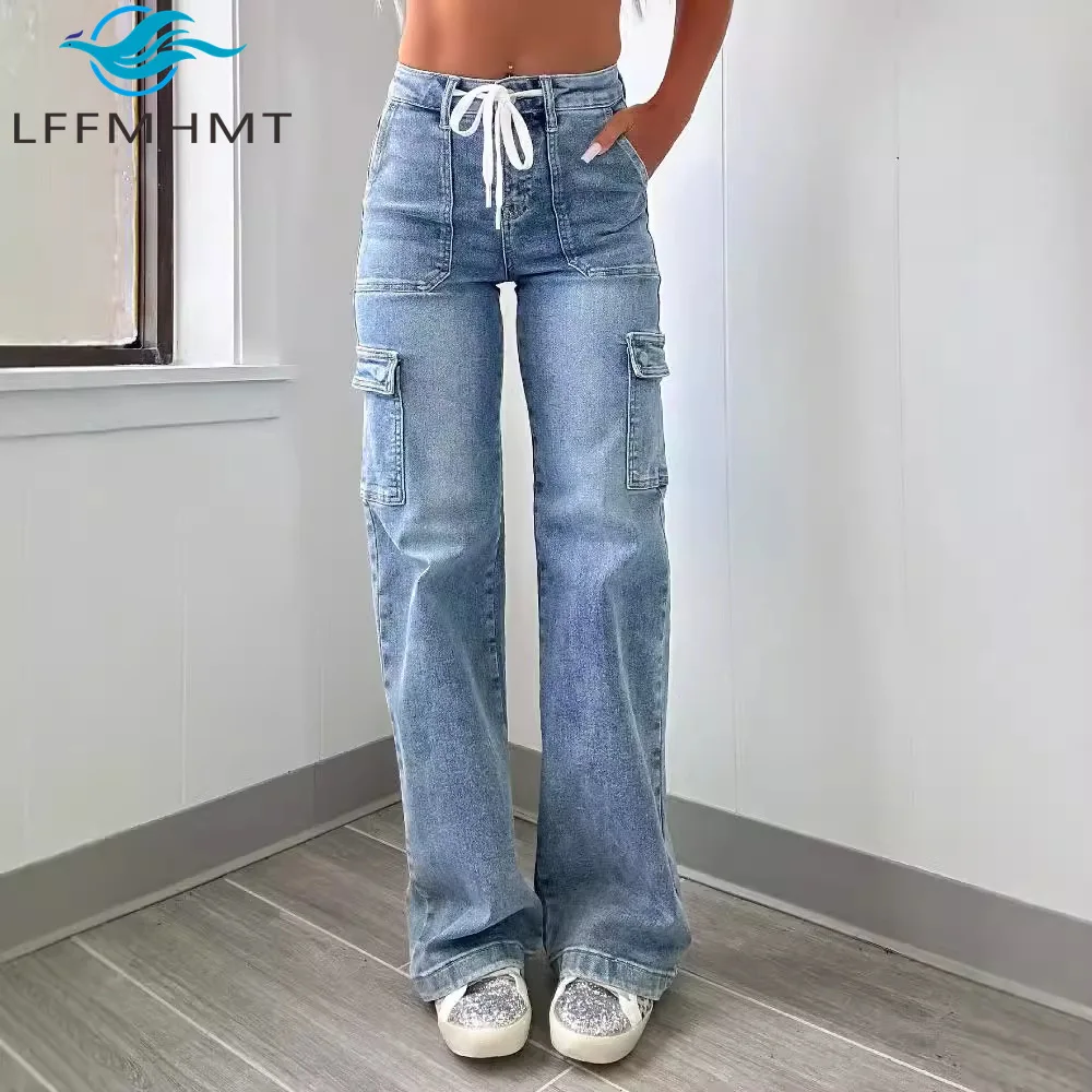 Spring Autumn Fashion Good Quality Vintage Blue Women's Dailywear Denim Pants with Multi Pocket Loose Casual Basic Female Jeans