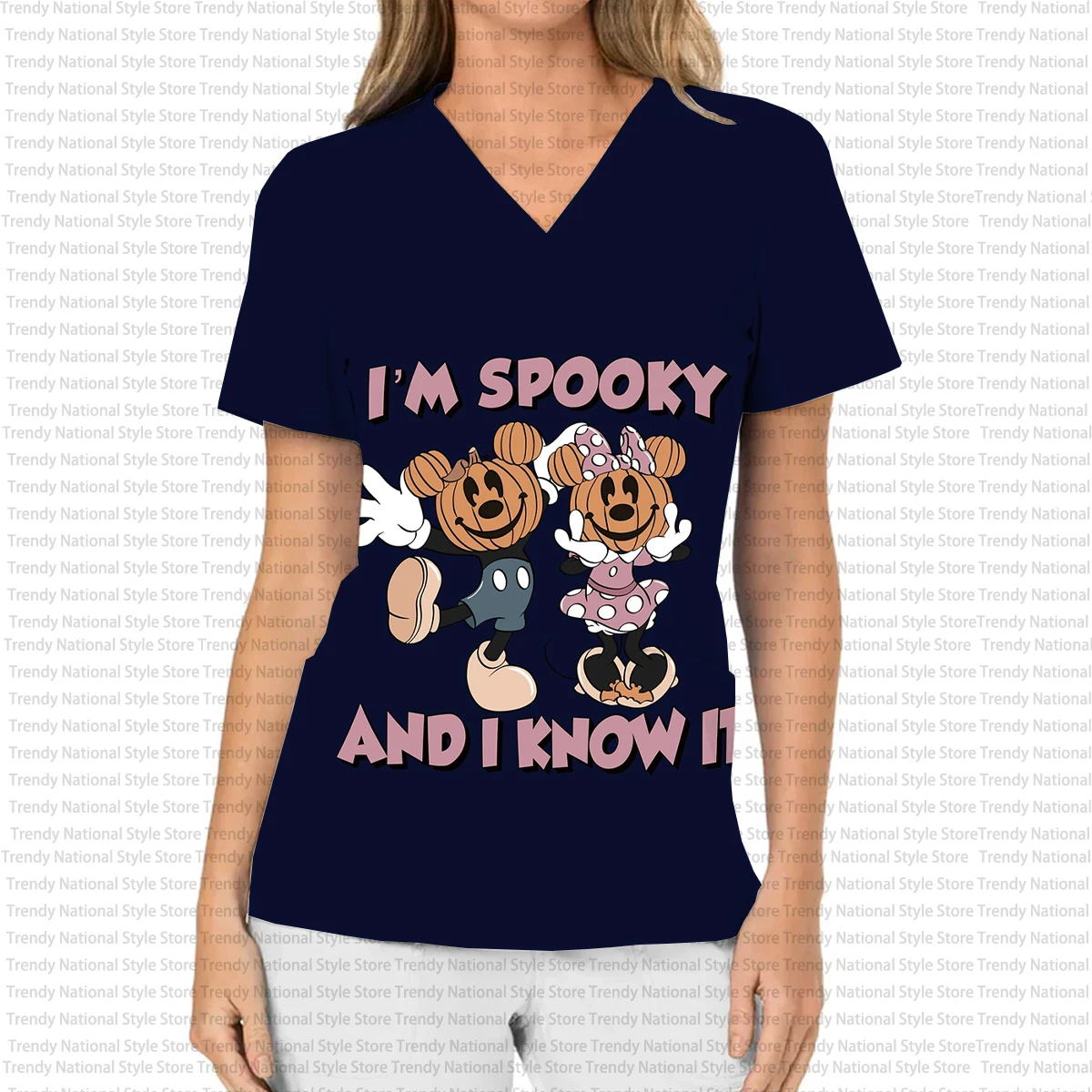 Women's Work Uniform Halloween Disney Mickey and Minnie Print V-Neck Pocket Women's Work Uniform Snoopy Women's T-shirt