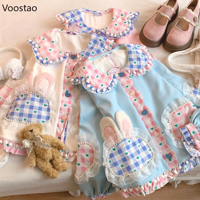 

Japanese Kawaii Cute Lolita Style Coats Women 2025 Ropa Mujer Pearl Rabbit Plaid Patchwork Jackets Sweet Y2k Girls Loose Outwear