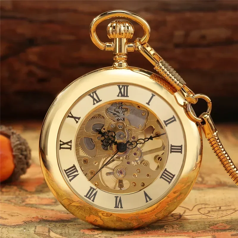 Luxury Yellow Golden Bronze Case Skeleton Display Men Women Handwind Mechanical Pocket Watch Open Face Roman Numeral FOB Chain