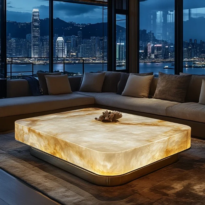 

Jade square luminous coffee table premium villa living room modern minimalist marble Venice light luxury stone